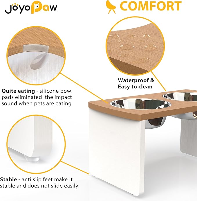 Elevated Dog Bowls, HIPS Raised Dog Bowl for Large Dogs & Medium Dogs, with 2 Stainless Steel Bowls (10'' Tall–48 oz Bowl, Teak-White)