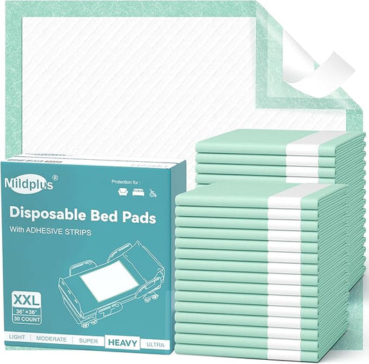 Bed Pads with Adhesive Strips 36''X36'', 30 Count Chucks Disposable Underpads Extra Large Thicker Incontinence Pads for Unisex Adult, Senior, Kids and Pet