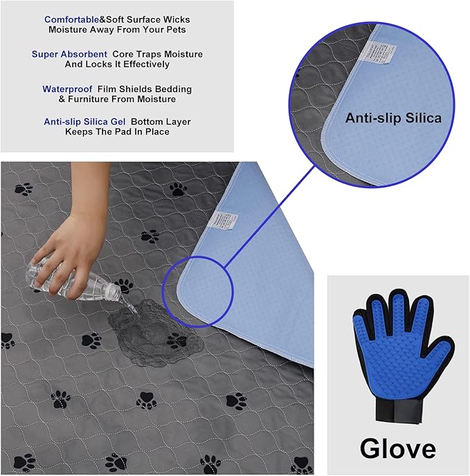 Washable Pee Pads for Dogs + Free Puppy Grooming Gloves/Quilted, Fast Absorbing Machine Washable Dog Whelping Pad/Waterproof Puppy Training Pad/Housebreaking Absorption Pads