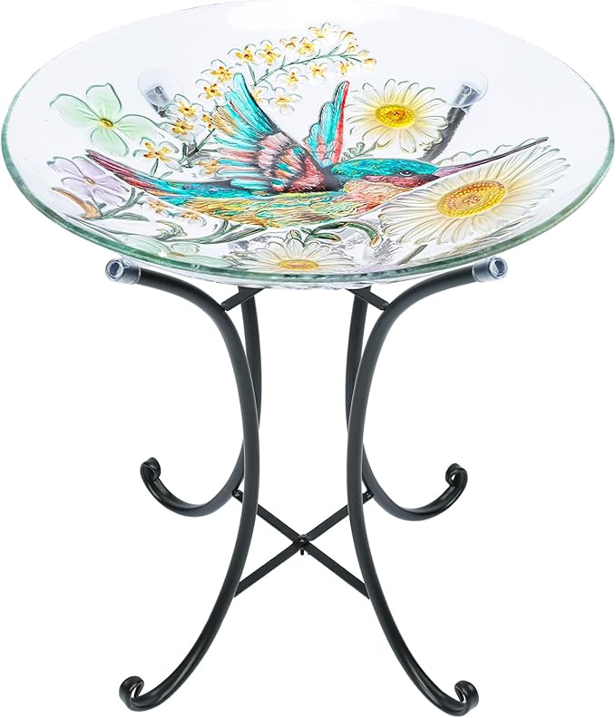 MUMTOP Bird Bath-Bird Baths for Outdoors - Hummingbird Glass Large Bird Bath Bowl with Metal Stand, Bird Feeders for Outside and Garden, Patio,Lawn Decor