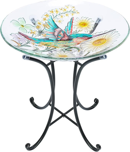 MUMTOP Bird Bath-Bird Baths for Outdoors - Hummingbird Glass Large Bird Bath Bowl with Metal Stand, Bird Feeders for Outside and Garden, Patio,Lawn Decor