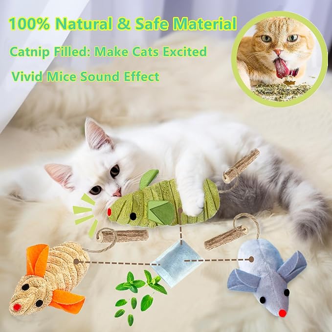 Cat Toys, 3 Mice Catnip Toy Crinkle Sound for Indoor Cat with Silvervine Chew Stick for Dental Chirping Mouse Plush Kitten Cleaning Teeth Matatabi Bite Interactive Cat Kitty Gifts