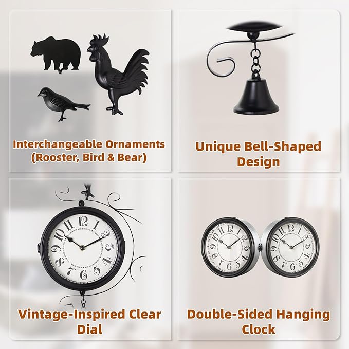 Outdoor Post Clock with Interchangeable Rooster Bird and Bear Accessories, Double-Sided Hanging Farmhouse Iron Clock with Bell for Outdoor Garden Porch and Indoor Decor 13x18
