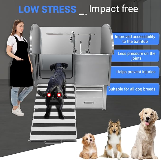 Professional Dog Grooming Tub, 62" Stainless Steel Dog Wash Station with Foldable Ramp, Storage Drawer, Floor Grate & Faucet/Dog Bathtub for Large, Medium & Small Pets - Left Door (62")