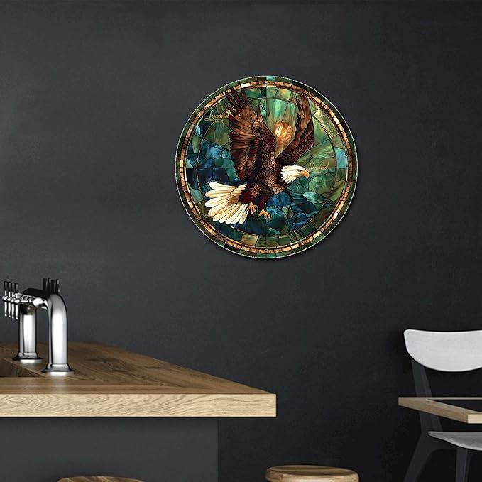 Lygond Metal Sign Tin Sign Circular Stained Glass American Bald Eagle Garden Sign for Restaurant 12×12 Inches