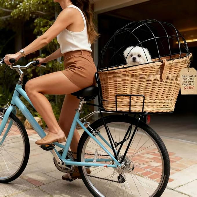 Dog Bike Basket Pet Carrier Bicycle Dog Carrier | Natural Wicker Attachment with Protective Grille,Easy to Install Comfort Cotton Cushion,Mounting Bracket for Secure Bicycle Rear Luggage Rack