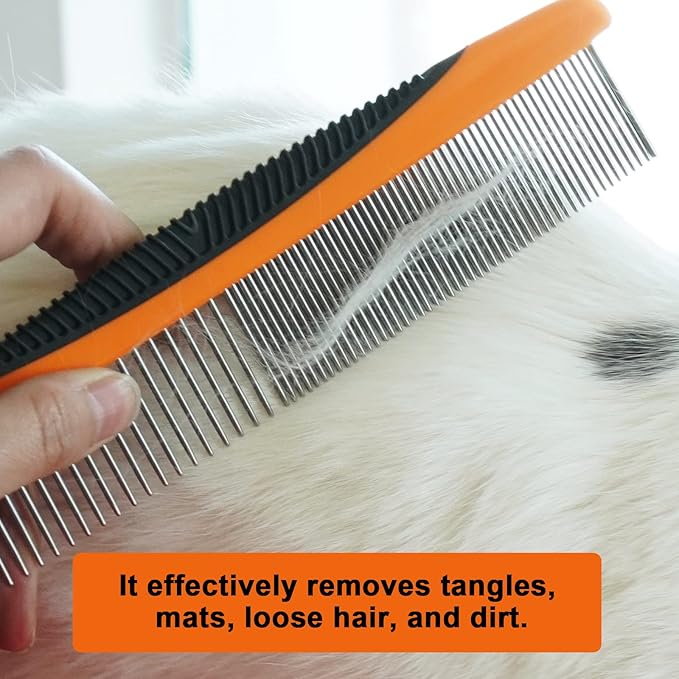 Metal Dog Comb and Cat Comb with Rounded Ends, Smooth Stainless Steel Teeth, Non-Slip Grip Handle for Removing Tangles and Knots in Greyhounds and Other Pets