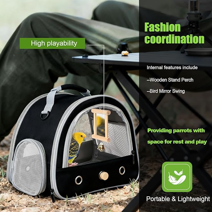 Parrot Travel Cage Carrier with Bird Cage Bells Mirror Set,Portable Small Bird Parakeet Bag with Standing Perch and Comfy Mat Bird Carry Transport Bag with Clear Window Outdoor Adventure