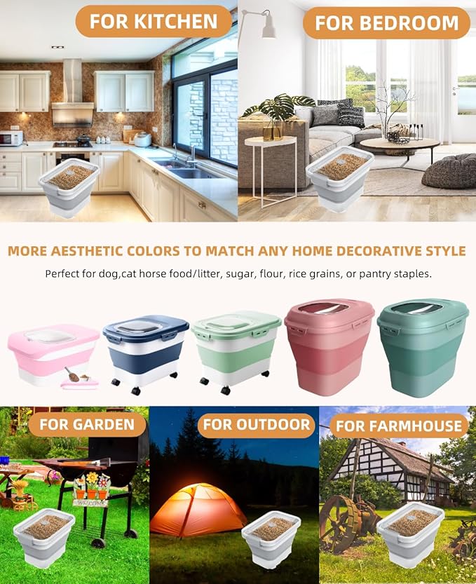 10-13 Lbs Dog Food Storage Container,Collapsible Dog Food Container with Transparent Airtight Lid,Pet Food Scoop and Dog Bowl,Multifunctional Food Storage Container for Pet Food,Rice,Flour