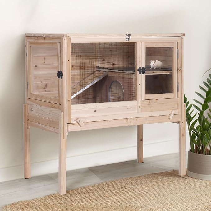 Guinea Pig Cage with Wooden Stand,Indoor Rabbit Hutch with 2 Stories,Hamster Cage with Anti Chew Ramp,Hideout, Platform, Pull Out Tray (Wood)