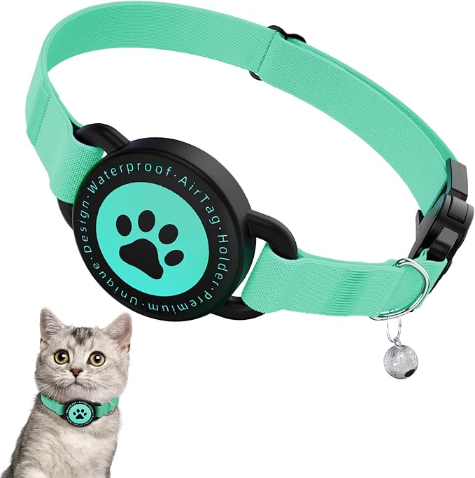 Airtag Cat Collar, Stretchy Kitten Collar with Apple Air Tag Holder, Lightweight and Comfortable, Ultra Elastic GPS Cat Collars for Cats Kittens and Puppies, 8-12.5 inch, Green