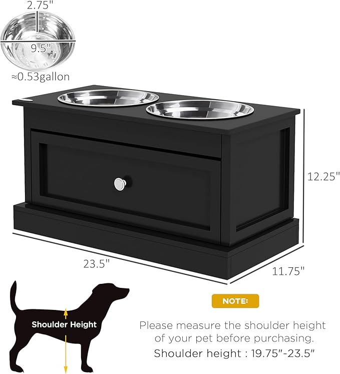PawHut Large Elevated Dog Bowls with Storage Drawer - 11L Capacity, Raised Dog Bowl Stand Feeding Station, Black