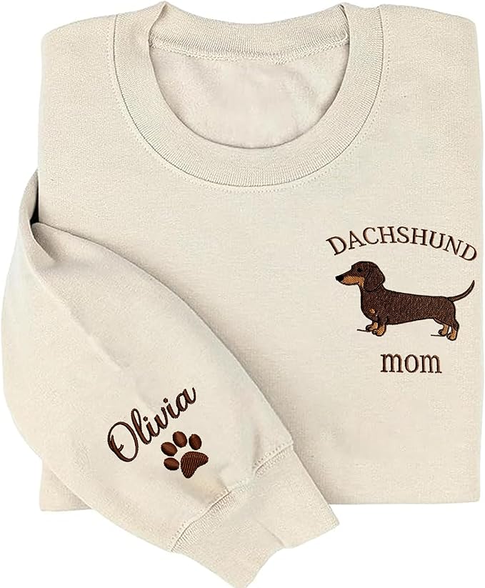 NAZENTI Embroidered Dachshund Sweatshirt with Dog Name on Sleeve, Personalized Valentines Dog Mom Shirt, Wiener Dog Gifts