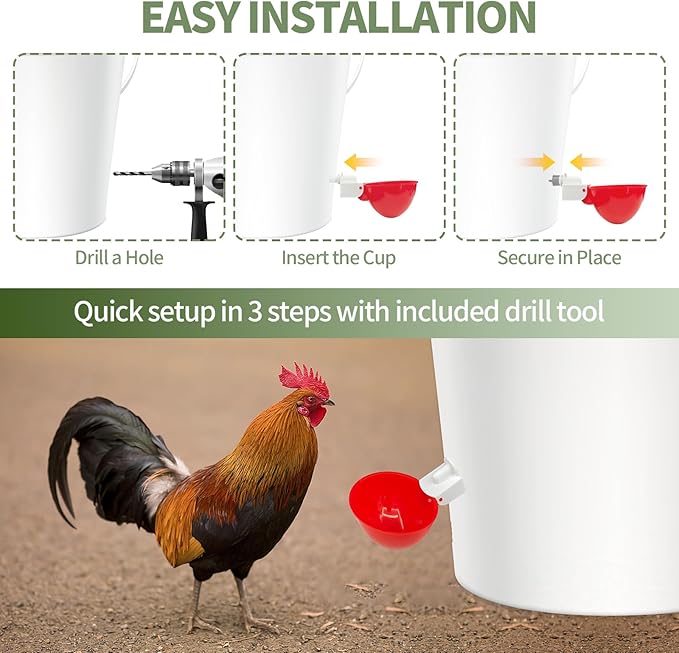 10PCS Chicken Waterer Cups, Red Automatic Poultry Watering Cups, Tee Fittings Poultry Waterer with Mounting Hole Opener,Ideal for Chicken Coop, Ducks, and Backyard Poultry