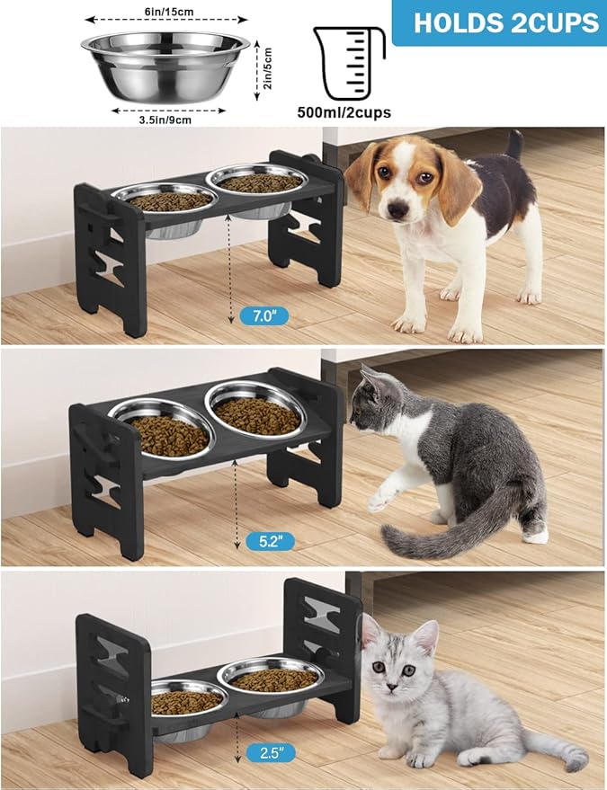 Vantic Elevated Dog Bowls, Adjustable Raised Dog Bowl Stand for Small Puppy and Cats, Sturdy Bamboo Pet Food Feeder with 2 Stainless Steel Dishes, Black