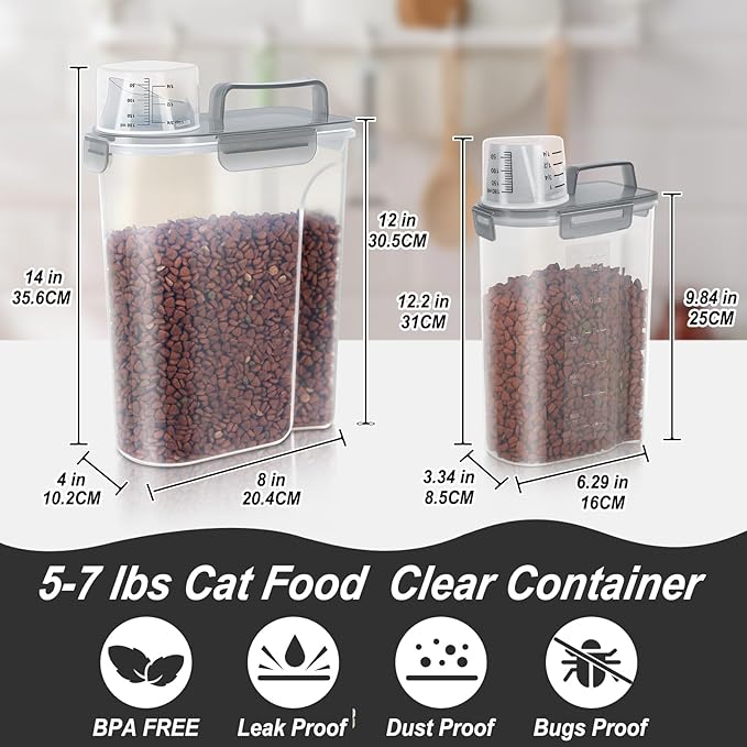 (3+5LBS 2Pack Cat Dog Food Storage Container Upgraded Large Nozzle BPA-free, Plastic Pet Food Containers, With 4 Sealed Clasps/1 Measuring Cup/Handle Easy Clean and Carry (Clear Grey)