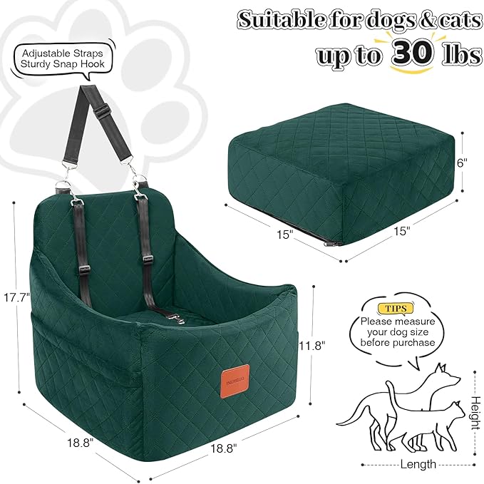 Dog Booster Car Seat for Dogs up to 35lbs, Safety Pet Car Seats with Anti-Slip Bottom, Travel Booster Dog Bed with 2 Storage Pockets (Green, Medium)