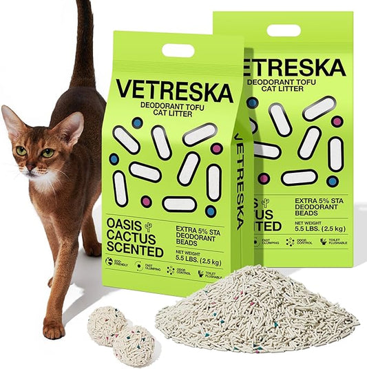 VETRESKA Tofu Cat Litter, Natural Kitty Litter Strong Clumping Flushable Pellets, Ultra Water Absorbent Deodorant Tofu Litter, Dust-Free Low Tracking Cat Litter, Cactus(5.5lb×2bags)