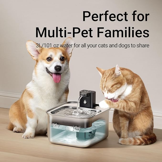 DownyPaws Cat Water Fountain Stainless Steel Wireless, 101 oz/3L FurSink Cordless Cat Water Dispenser for Pets, Battery Operated Dog Drinking Fountain with Motion Sensor, Metal with 6 Filters