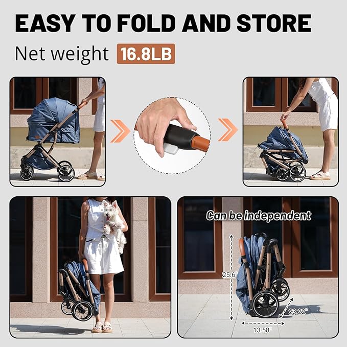 EchoSmile Small Medium Dogs Stroller 4-Wheel Pet Strollers for Medium Dogs Up to 50lbs, One Click Folding Large Cat Stroller, Reversible Handle, Shock Absorbing Wheels, Removable Washable Pad, Blue