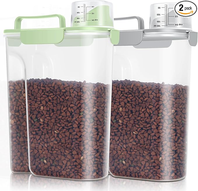 TBMax Pet Dog Cat Food Storage Containers 2 Pack 10 to 14 Lbs, Airtight Cat Food Dispenser with Large Spout & Portable Handle, Travel Dog Treat Storage Bin Bird Seed Container -Light Green/Light Grey