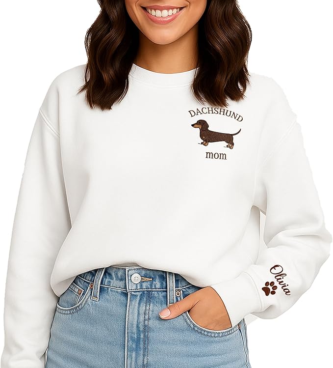 NAZENTI Embroidered Dachshund Sweatshirt with Dog Name on Sleeve, Personalized Valentines Dog Mom Shirt, Wiener Dog Gifts