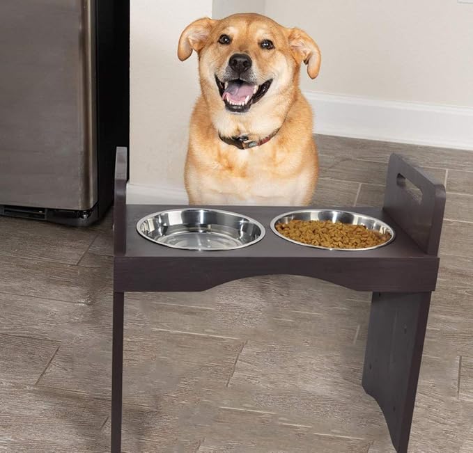 Spirtro Elevated Dog Bowls Station- Adjustable to 3 Heights, 3”, 8”, 12”, Raised Pet Stand Feeder, Double Stainless Steel Food and Water Dishes for Small to Middle Dogs Cats, Solid Wood- Dark Brown