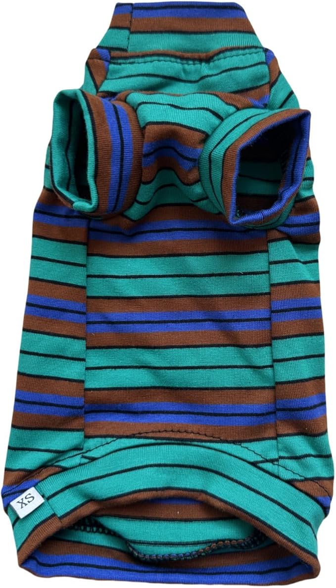 Vintage Stripes Sphynx Hairless Cats Shirt Cotton Cat Turtleneck Pet Clothes Kitten T-Shirts with Sleeves for Sphynx Cornish Rex, Devon Rex, Peterbald (Green Stripe, X-Small (Pack of 1))
