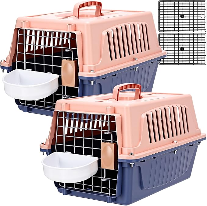 2 Set Pet Carrier for Small Dogs and Cat, Hard Shell Plastic Dog Crate with Bowl and Cooling Pad Fully Breathable Portable Kennel for Small Pet Travel Camp(Blue,18.9 x 12.6 x 11.8 Inch)