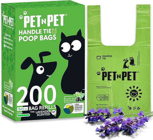 Pet N Pet 200 Counts Lavender Scented Dog Poop Bags Rolls with Tie Handles, 38% Plant Based & 62% PE Poop Bags for Dogs, Extra-Thick Doggie Poo Bag, Pet Waste Bag