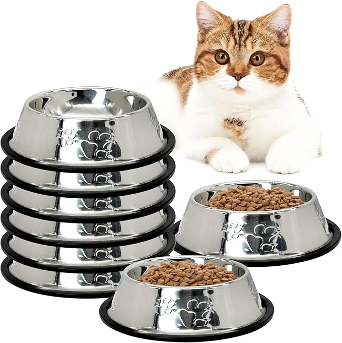 Fhiny 8Pcs Stainless Steel Dog Cat Bowl with Rubber Base Pet Food and Water Feeder Bowls Stackable Non-Slip Dish Plate for Small Medium Animals Puppy Kitten Rabbit-Two Paw Patterns