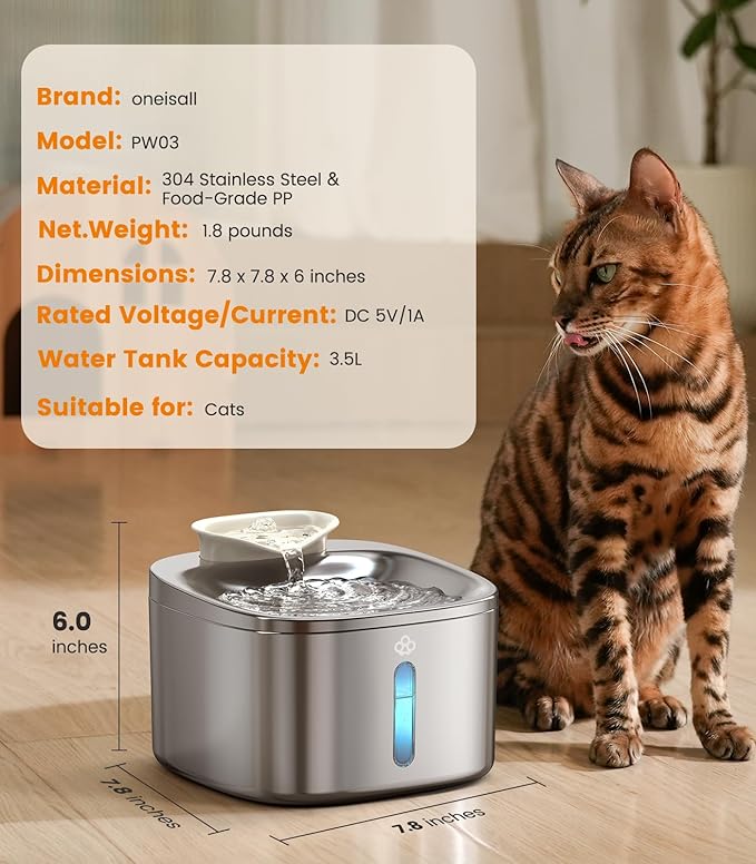 oneisall Stainless Steel Cat Water Fountain, 3.5L/118fl oz Automatic Pet Drinking Fountains for Cats Indoor, Quiet Running Cat Waterer Fountains(PW03 Cat Fountain +3 Sets Filters)