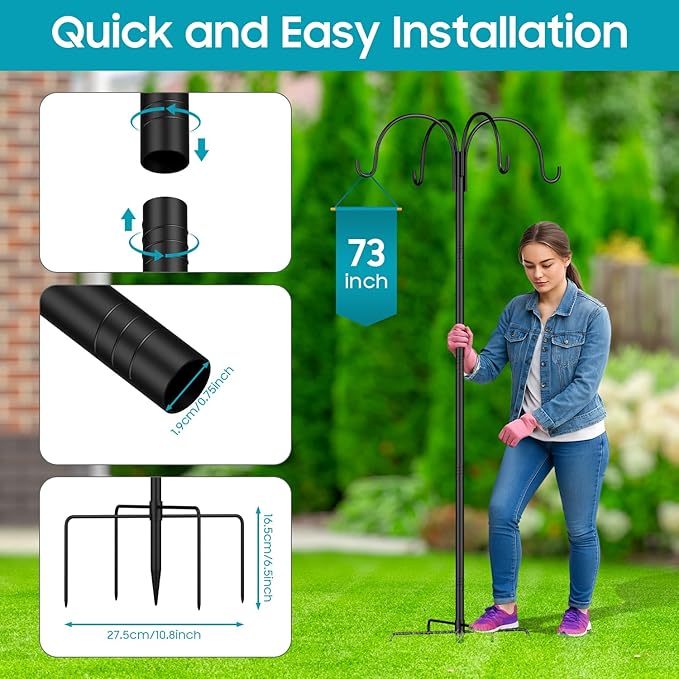 4-Hooks Shepherds Hooks for Outdoor,103'' Bird Feeder Pole with 5-Prong Base,Adjustable Bird House Stand Hanger for Garden Plant,Hummingbird Feeders, Lanterns, Wind Chime