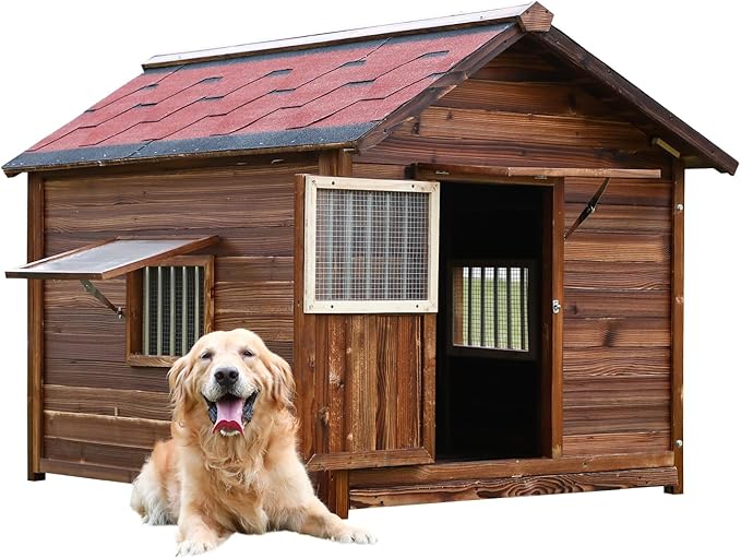 Dog House Outdoor,Solid Pine Wood Large Dog House for Big Breed,Weatherproof Dog Houses Outside with Door,Adjust Windows,Warm Dog Kennel for Outside