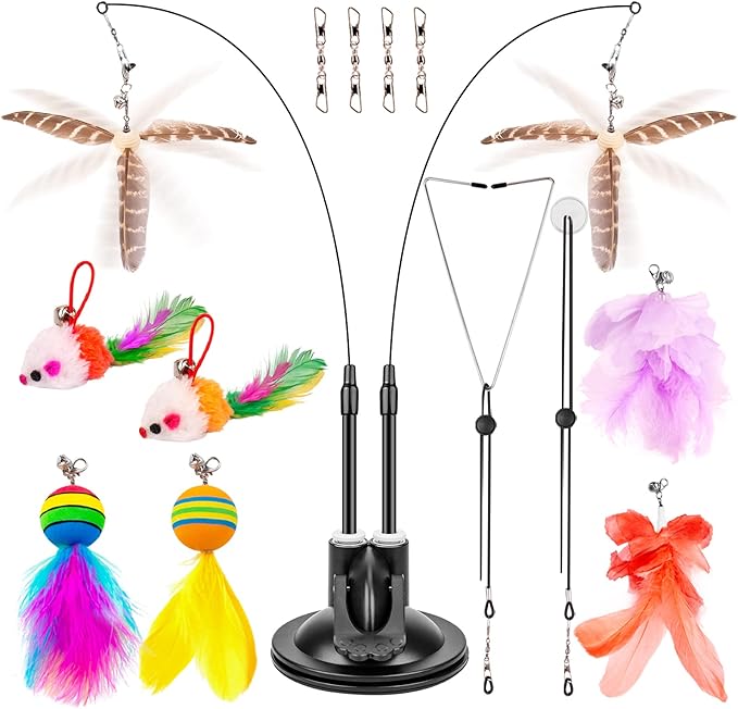 Cat Toys Wand, Interactive Cat Toy with Super Suction Cup Sticky Detachable 12 PCS Feather Replacements 2 Wands Cat Spring Feather Toys for Indoor Cats Kitten Toys (8 Toys Double Headed)