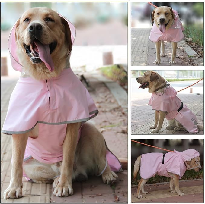 Waterproof Dog Raincoat, Reflective Adjustable Hooded Dog Rain Coat, Lightweight Breathable Pet Rain Jacket Poncho Double Layer with Leash Hole for Small Medium Large Dogs (Pink, X-Large)