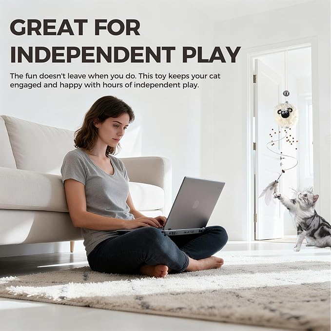 Interactive Cat Toys for Indoor Cats - [2025 New] Elastic Cat Feather Toys with Lamb-Shaped Puzzle Dispenser, Hanging Enrichment Toy That Delivers Joy and Award