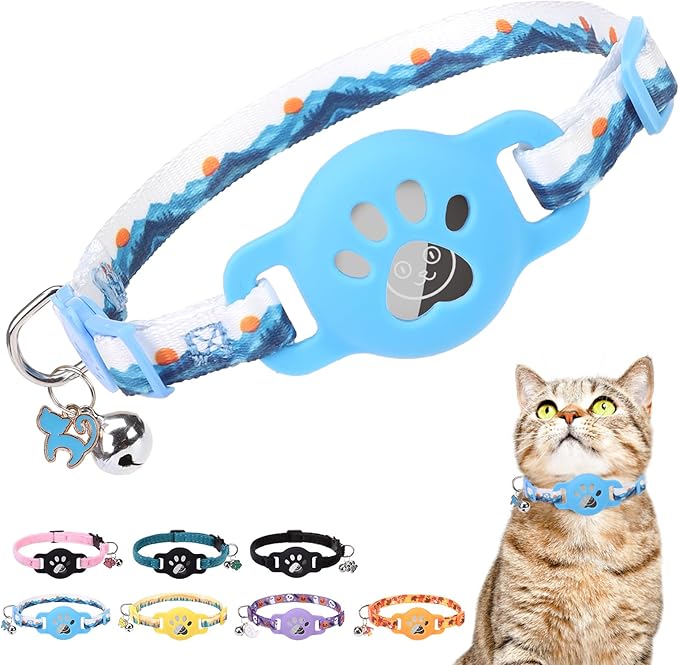 Airtag Cat Collar Breakaway, Cute GPS Cat Tracker Collars with Air Tag Holder, Safety Cat Collars with Bell & Pendant for Girl Boy Cats, Blue