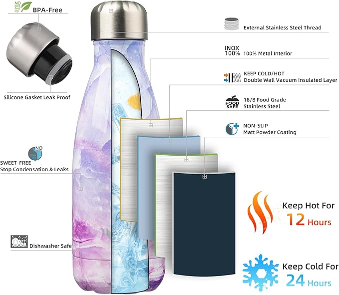 Insulated Water Bottles,12 oz Double Wall Stainless Steel Vacumm Metal Flask for Sports Travel,Marble Dawn