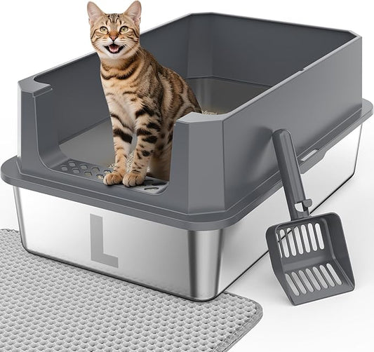 FURTIME Stainless Steel Litter Box with Lid, Large Metal Cat Litter Box for Big Cat, Large Cat Box High Sided with Non-Stick, Odor-Resistant, Anti-Urine Leakage, Easy Cleaning, Includes Scoop and Mat