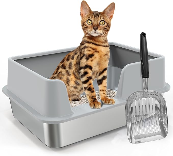 Stainless Steel Litter Box, Enclosed Cat Litter Box Metal Pan Tray with High Wall Sides Non-Stick No Smell Easy to Clean Pet Toilet Supplies for Indoor Cats,Kitten, Kitty, Rabbit (Side Pedal)