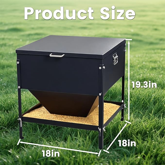 All Metal Chicken Feeding with Waterproof Lid and Handle，Adjustable 80 lbs Large Capacity No Waste Portable Automatic Chicken Feeder,for Chickens and Duck Poultry and Other Birds