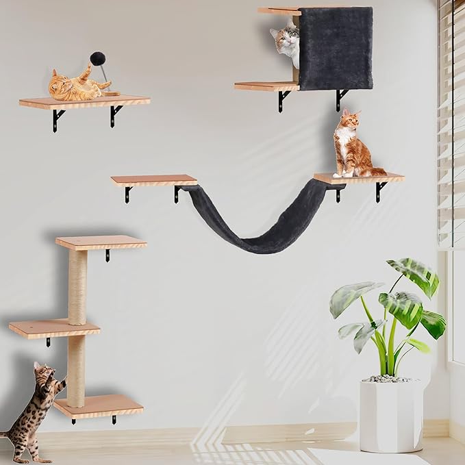 Wall Mounted Cat Climber Set, Solid Wood Cat Wall Shelves with Scratching Post,Hammock,Jumping Boards,Steps,Condo and Felt Pads, Suit for Cats Climb, Jump, Nap, Scratch-Dark