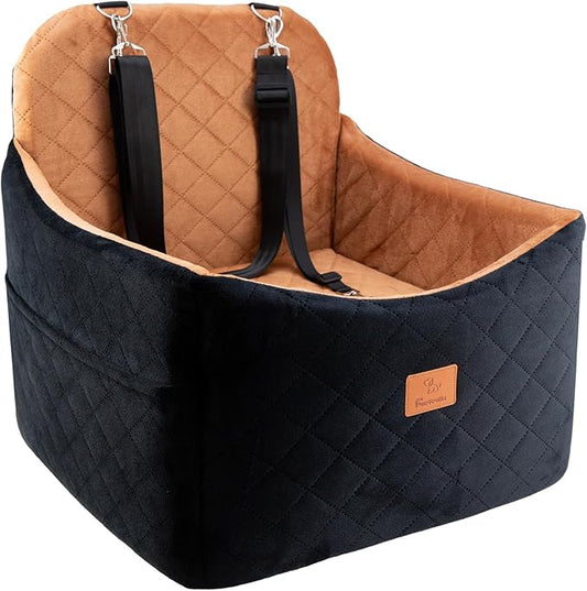 Dog Car Seats for Small/Medium Dogs, FurFrolic Memory Foam Dog Booster Seat for Small Dogs up to 35 lbs, Travel Pet Car Seat with Washable Detachable Cover, Storage Pockets, 2 Safety Belt, Black Brown