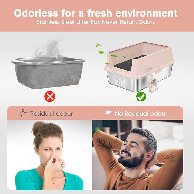 2PACK Stainless Steel Cat Litter Box with High Sides Lid, XL Litter Box for Big Multiple Cats, Extra Large Metal Kitty Litter Boxes with Anti-Leakage Enclosure, Non-Stick,Odorless,Scoop Included