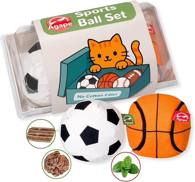 Agape Natural Cat Toys, 100% Catnip & Silvervine Filled, Interactive Chew and Kicker Balls for Indoor Cats, Enrichment and Teeth-Cleaning Fun for Bored Cats and Kittens, 2 Pack Crinkle Cat Toys
