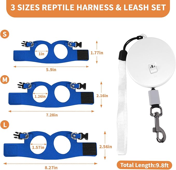 3 Pack Bearded Dragon Leash and Harness Set, Retractable 9.8FT Leash with 3 Sizes Adjustable Soft Harness for Reptile Small Animals Outdoor, Cute Lizard Vest Clothes for Reptile Lovers -Blue