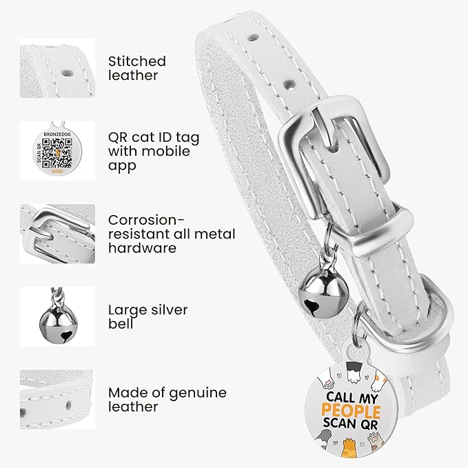 BRONZEDOG Leather Cat Collar with Removable Bells Non Breakaway Kitten QR Tag for Girl Boy (7" - 9" for Cats, White & Silver)