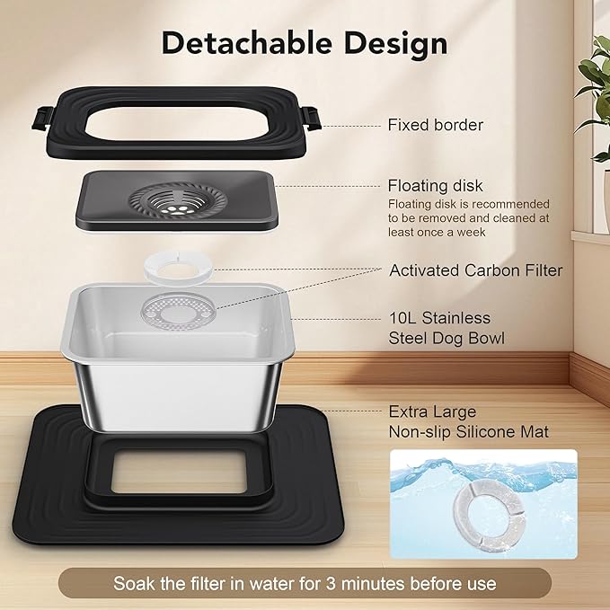 Decflow 10L Stainless Steel Dog Water Bowl, No Spill Anti-Splash Dog Bowls with XXL Silicone Mat, Spill-Proof Slow Feeder for Messy Drinkers, Heavy Duty Pet Bowls for Indoor/Outdoor Use Black