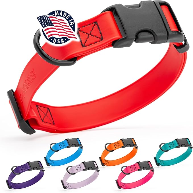 Dogline Biothane Waterproof Dog Collar with Quick Release Buckle Strong Coated Nylon Webbing with Odor- Proof for Easy Care Easy to Clean Fits Small Medium or Large Dogs, Red 3/4" W 12-19" L
